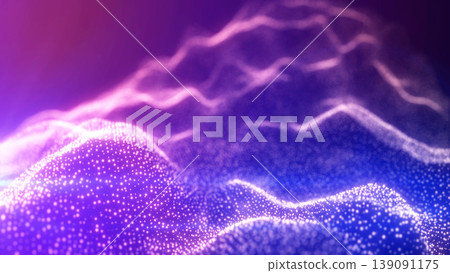 Purple and blue glowing particle waves forming a futuristic digital landscape, abstract technology background with bokeh dots and soft gradient Purple and blue glowing particle waves forming a futuristic digital landscape, abstract technology background with bokeh dots and soft gradient 139091175