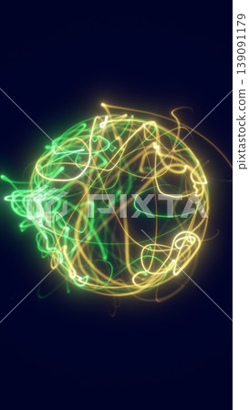 Abstract neon orb of green and yellow light trails swirling on a dark background, creating a futuristic energy sphere with motion and glow Abstract neon orb of green and yellow light trails swirling on a dark background, creating a futuristic energy sphere with motion and glow 139091179