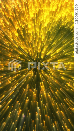 Golden particle explosion with radial light rays and bokeh sparkles on dark background 139091199