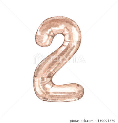 Balloon in the form of number two is golden in color. Watercolor illustration of baby shower, birthday. The date for the postcards for the month for the baby. Perfect for decoration, invitations. 139091279