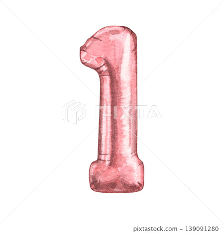 The balloon in the form of the number one pink color. Watercolor illustration of baby shower, birthday. The number for the postcards for the year for the baby. Perfect for decoration, invitations. 139091280