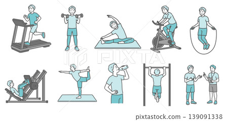 A set of 10 illustrations of a senior man engaging in various exercises (standard build, smiling). A set of 10 illustrations of a senior man engaging in various exercises (standard build, smiling). 139091338