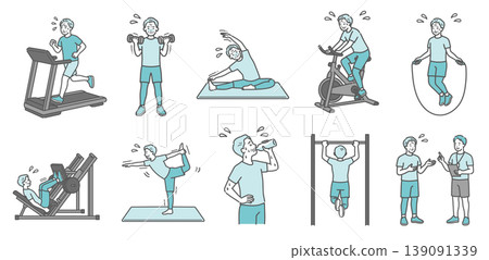 A set of 10 illustrations depicting a senior man struggling with various exercises (standard build). A set of 10 illustrations depicting a senior man struggling with various exercises (standard build). 139091339