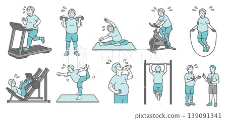 A set of 10 illustrations depicting a chubby senior man struggling with various exercises. A set of 10 illustrations depicting a chubby senior man struggling with various exercises. 139091341
