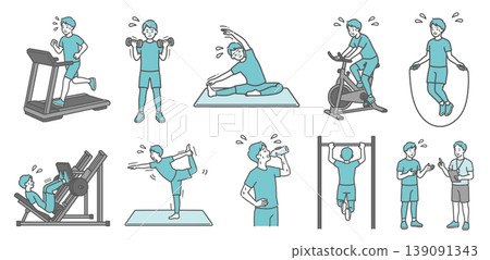 A set of 10 illustrations of an adult male (standard build) struggling with various exercises. 139091343