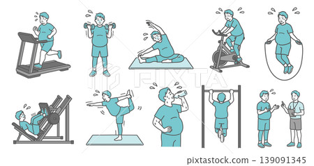 A set of 10 illustrations of a chubby adult man struggling with various exercises. A set of 10 illustrations of a chubby adult man struggling with various exercises. 139091345