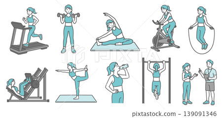 A set of 10 illustrations of an adult woman doing various exercises (standard build, smiling). A set of 10 illustrations of an adult woman doing various exercises (standard build, smiling). 139091346