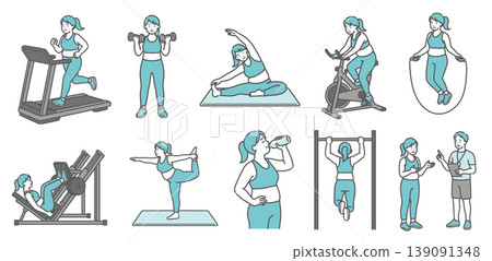 A set of 10 illustrations of a chubby adult woman doing various exercises (smiling). A set of 10 illustrations of a chubby adult woman doing various exercises (smiling). 139091348
