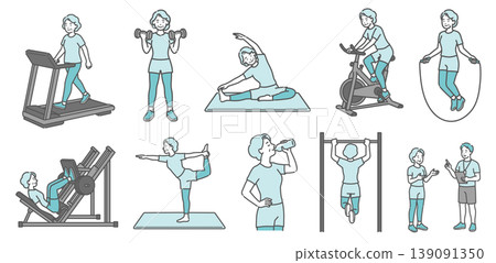 A set of 10 illustrations of a senior woman engaging in various exercises (standard build, smiling). A set of 10 illustrations of a senior woman engaging in various exercises (standard build, smiling). 139091350
