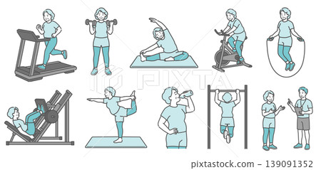 A set of 10 illustrations of a chubby senior woman doing various exercises (smiling). A set of 10 illustrations of a chubby senior woman doing various exercises (smiling). 139091352