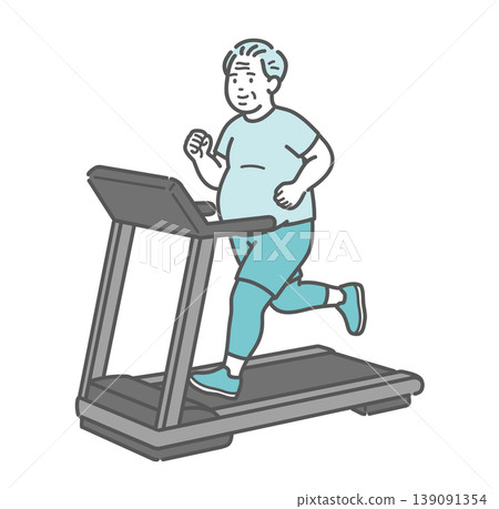 An illustration of a slightly overweight senior man exercising on a treadmill (smiling). 139091354