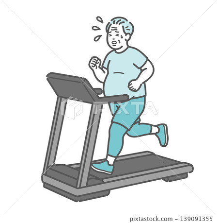 An illustration of a chubby senior man struggling to exercise on a treadmill. 139091355