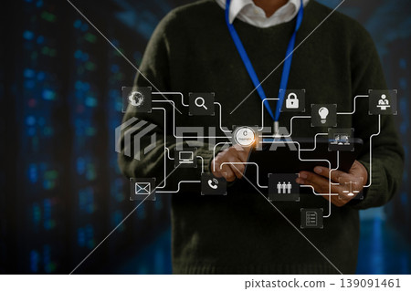Copyright or patent concept, Person hand using laptop computer, tablet and smartphone with virtual screen copyright icon trademark, Creation ownership against piracy at office. Copyright or patent concept, Person hand using laptop computer, tablet and smartphone with virtual screen copyright icon trademark, Creation ownership against piracy at office. 139091461