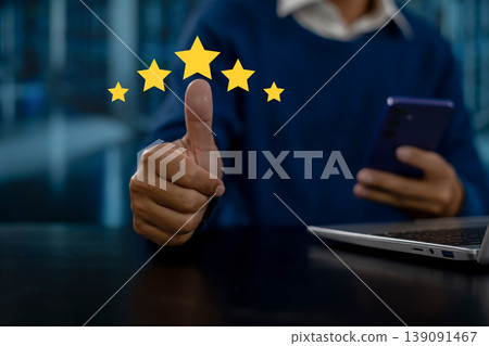 Satisfaction concept. man choosing with tick five star rating on Tablet, blurred background. Satisfaction concept. man choosing with tick five star rating on Tablet, blurred background. 139091467