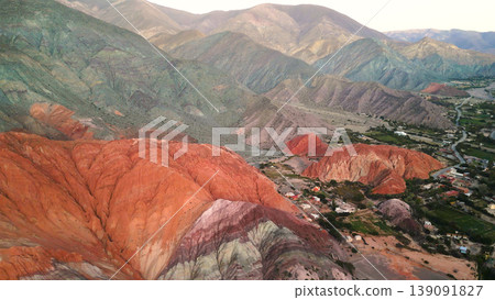 Detailed drone shot of multicolored rock layers at Cerro de los Siete Colores, Argentina Detailed drone shot of multicolored rock layers at Cerro de los Siete Colores, Argentina 139091827