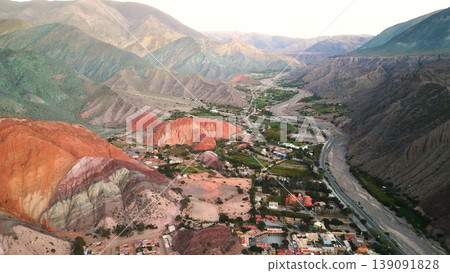 Drone panorama of Purmamarca valley and colorful mountains in Jujuy, Argentina Drone panorama of Purmamarca valley and colorful mountains in Jujuy, Argentina 139091828