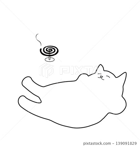 一幅輕鬆的夏日插畫，描繪了一隻貓和蚊香，風格簡潔的手繪。 139091829