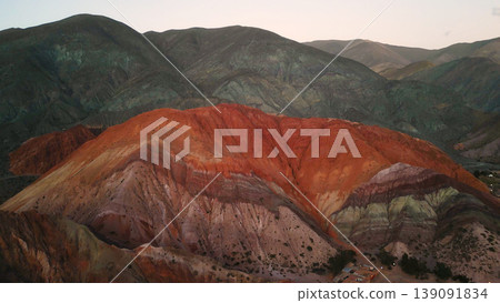 Aerial panoramic view of Cerro de los Siete Colores in Purmamarca, Jujuy, Argentina Aerial panoramic view of Cerro de los Siete Colores in Purmamarca, Jujuy, Argentina 139091834