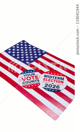 A Vertical View Of The American Flag With Midterm Elections Sticker , On A White Background 139091944