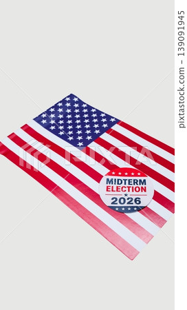 A Vertical View Of The American Flag With Midterm Elections Sticker , On A White Background 139091945