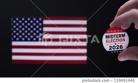focus on Midterm election, Concept of 2026 American Midterm Elections. Midterm Election sign in front of US flag 139091948