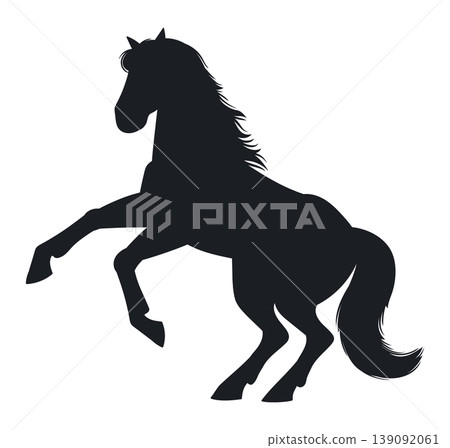 Horse silhouette. Prancing horse, domestic animal in moving pose flat vector illustration. Cartoon graceful farm horse silhouette on white Horse silhouette. Prancing horse, domestic animal in moving pose flat vector illustration. Cartoon graceful farm horse silhouette on white 139092061