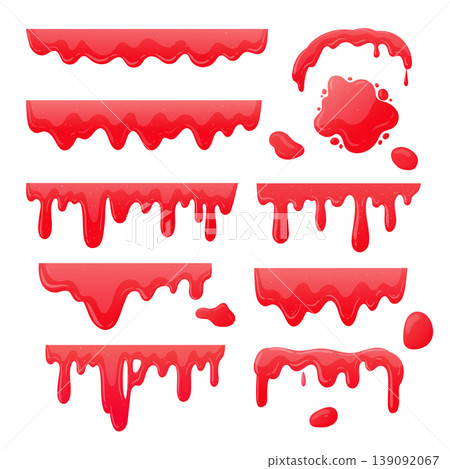 Jam dripping. Cartoon sticky sweet dripping spots, strawberry or raspberry flowing sugar syrup, melting jam splatters flat vector illustration set. Sweet confiture drops Jam dripping. Cartoon sticky sweet dripping spots, strawberry or raspberry flowing sugar syrup, melting jam splatters flat vector illustration set. Sweet confiture drops 139092067