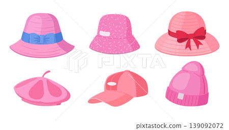 Modern female headwear. Cartoon pink hat, panama, beret and cap, fashionable headwear accessories, colorful had wearing elements flat vector Illustration set. Women hats isolated on white Modern female headwear. Cartoon pink hat, panama, beret and cap, fashionable headwear accessories, colorful had wearing elements flat vector Illustration set. Women hats isolated on white 139092072