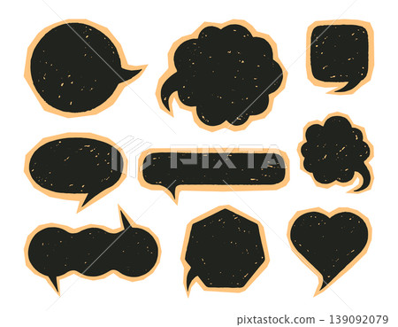 Scrapbook speech bubble. Cartoon cut out of paper speech icons, collage effect text boxes, scrapbook doodle bubble shapes flat vector illustration set. Y2k chat message balloons on white background Scrapbook speech bubble. Cartoon cut out of paper speech icons, collage effect text boxes, scrapbook doodle bubble shapes flat vector illustration set. Y2k chat message balloons on white background 139092079