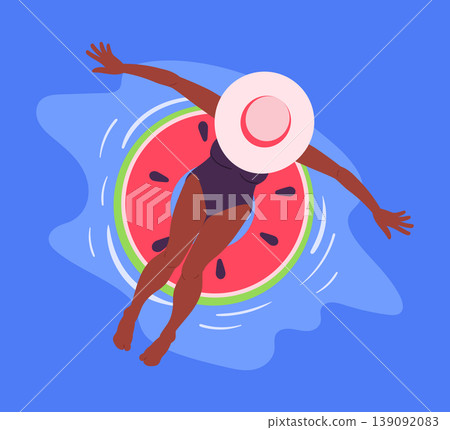 Woman floating on inflatable ring. Female character swimming on pink inflatable ring in ocean or swimming pool flat vector illustration. Girl relaxing on rubber toy 139092083