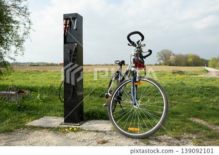 Outdoor bicycle service station with tools in rural areas Outdoor bicycle service station with tools in rural areas 139092101
