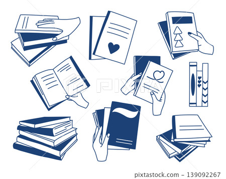 Books hand-drawn blue ink set Books hand-drawn blue ink set 139092267