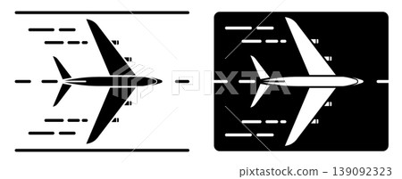 Linear icon. Airliner accelerates along the runway before takeoff. Simple black and white vector symbol isolated on white background 139092323