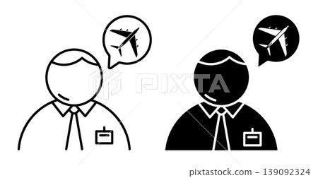 Linear icon. Office worker dreams of a vacation and buying plane tickets. Simple black and white vector symbol isolated on white background Linear icon. Office worker dreams of a vacation and buying plane tickets. Simple black and white vector symbol isolated on white background 139092324