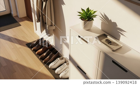 Home Entryway - Neatly Arranged Brown Leather Dress Shoes and White Sneakers on Mat Beside White Shoe Cabinet with Plant Home Entryway - Neatly Arranged Brown Leather Dress Shoes and White Sneakers on Mat Beside White Shoe Cabinet with Plant 139092418