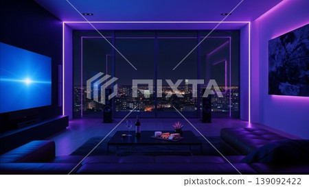 Interior - Modern Luxury Living Room With Purple Blue LED Lighting City Night View Floor to Ceiling Windows Interior - Modern Luxury Living Room With Purple Blue LED Lighting City Night View Floor to Ceiling Windows 139092422