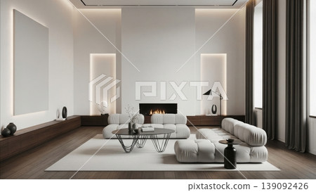 Interior Design - Modern Minimalist Living Room with White Tufted Sectional Sofa Linear Fireplace and Warm Ambient Lighting Interior Design - Modern Minimalist Living Room with White Tufted Sectional Sofa Linear Fireplace and Warm Ambient Lighting 139092426