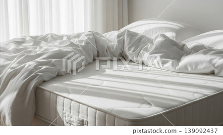 Bedroom - Unmade White Bed with Rumpled Sheets Pulled Back Revealing Clean Mattress in Bright Minimalist Room Bedroom - Unmade White Bed with Rumpled Sheets Pulled Back Revealing Clean Mattress in Bright Minimalist Room 139092437