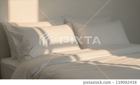 Bedroom - White Bedding and Pillows Bathed in Warm Morning Sunlight with Soft Window Shadow Patterns Bedroom - White Bedding and Pillows Bathed in Warm Morning Sunlight with Soft Window Shadow Patterns 139092438