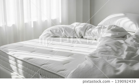 Bedroom - White Mattress With Rumpled Sheets and Pillows in Bright Sunlit Minimalist Bedroom Interior Bedroom - White Mattress With Rumpled Sheets and Pillows in Bright Sunlit Minimalist Bedroom Interior 139092439