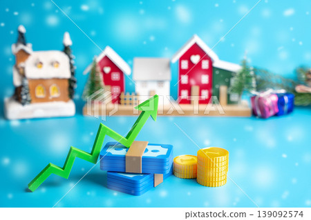 Money and an upward arrow against the backdrop of a New Year's city. Winter budget, profit and revenue growth. Financial indicators of business efficiency and success. Money and an upward arrow against the backdrop of a New Year's city. Winter budget, profit and revenue growth. Financial indicators of business efficiency and success. 139092574