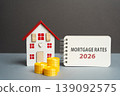 Notes mortgage rates 2026 and house with coins. Loan and credit interest. Apartments, housing 139092575