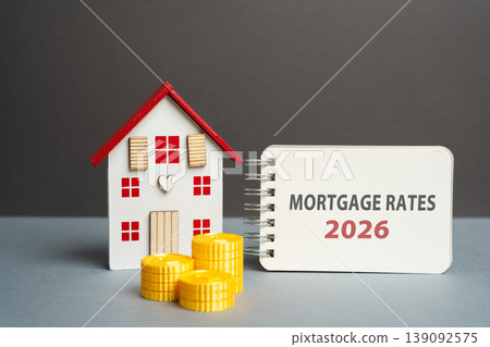 Notes mortgage rates 2026 and house with coins. Loan and credit interest. Apartments, housing 139092575