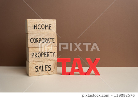 Wooden blocks with the words Tax, income, corporate, property, sales. Different tax categories, taxation system, financial obligations, and revenue collection. 139092576