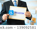 Disability sign and the word Inclusion. Promotes equal opportunities, diversity, accessibility 139092581