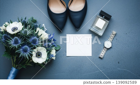 Wedding - Blue Themed Bridal Flat Lay with Anemone Bouquet Heels Perfume Watch and Blank Card Wedding - Blue Themed Bridal Flat Lay with Anemone Bouquet Heels Perfume Watch and Blank Card 139092589