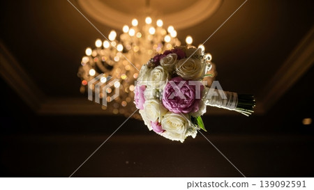 Wedding - Bridal Bouquet of Pink Peonies and Cream Roses Held Up Against Glowing Crystal Chandelier Wedding - Bridal Bouquet of Pink Peonies and Cream Roses Held Up Against Glowing Crystal Chandelier 139092591