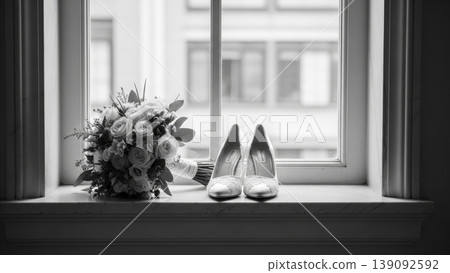 Wedding - Bridal Bouquet of White Roses and Lace Heels on Window Sill in Black and White Wedding - Bridal Bouquet of White Roses and Lace Heels on Window Sill in Black and White 139092592