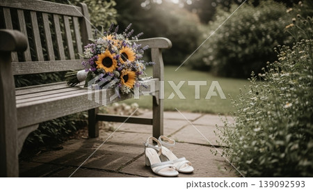 Wedding - Bridal Bouquet with Sunflowers and Lavender on Rustic Garden Bench with White Heeled Sandals Wedding - Bridal Bouquet with Sunflowers and Lavender on Rustic Garden Bench with White Heeled Sandals 139092593