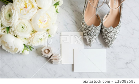 Wedding - Bridal Details Flatlay with Crystal Heels Bouquet Wedding Rings and Blank Invitation Cards on Marble Wedding - Bridal Details Flatlay with Crystal Heels Bouquet Wedding Rings and Blank Invitation Cards on Marble 139092595